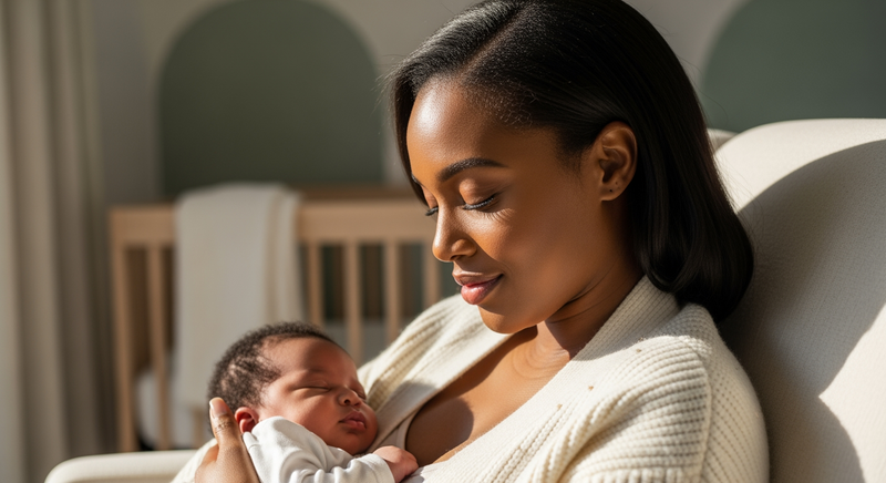 Mother and baby in cozy living room